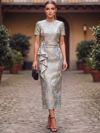 Sheath Cocktail Dress Jacquard Satin Crew Neck Short Sleeves Formal Elegant Dress Ankle-Length Wedding Guest Dress With Ruffles