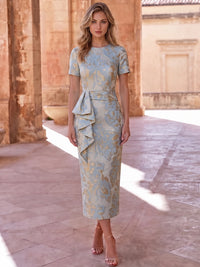 Sheath Cocktail Dress Jacquard Satin Crew Neck Short Sleeves Formal Elegant Dress Ankle-Length Wedding Guest Dress With Ruffles