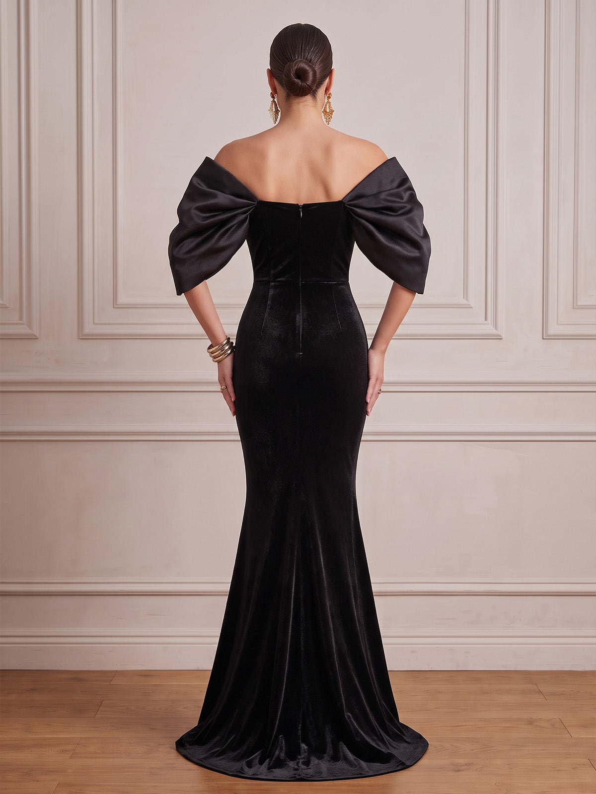 Black Mermaid Velvet Evening Gown Floor Length Off-The-Shoulder 1/2 Sleeves Zipper Elegant Formal Dress Wedding Guest