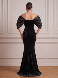 Black Mermaid Velvet Evening Gown Floor Length Off-The-Shoulder 1/2 Sleeves Zipper Elegant Formal Dress Wedding Guest