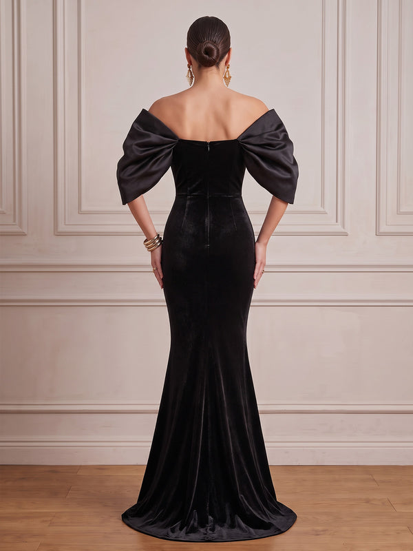 Black Mermaid Velvet Evening Gown Floor Length Off-The-Shoulder 1/2 Sleeves Zipper Elegant Formal Dress Wedding Guest