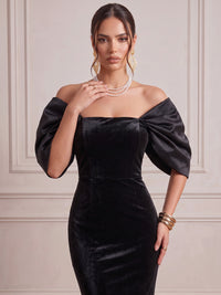 Black Mermaid Velvet Evening Gown Floor Length Off-The-Shoulder 1/2 Sleeves Zipper Elegant Formal Dress Wedding Guest