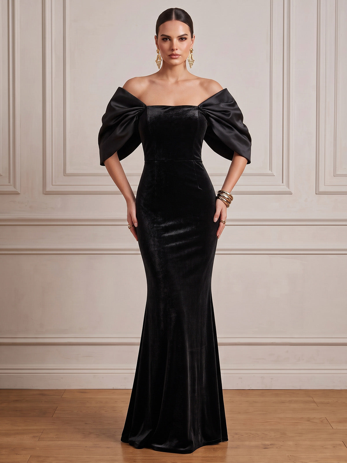 Black Mermaid Velvet Evening Gown Floor Length Off-The-Shoulder 1/2 Sleeves Zipper Elegant Formal Dress Wedding Guest