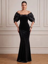Black Mermaid Velvet Evening Gown Floor Length Off-The-Shoulder 1/2 Sleeves Zipper Elegant Formal Dress Wedding Guest