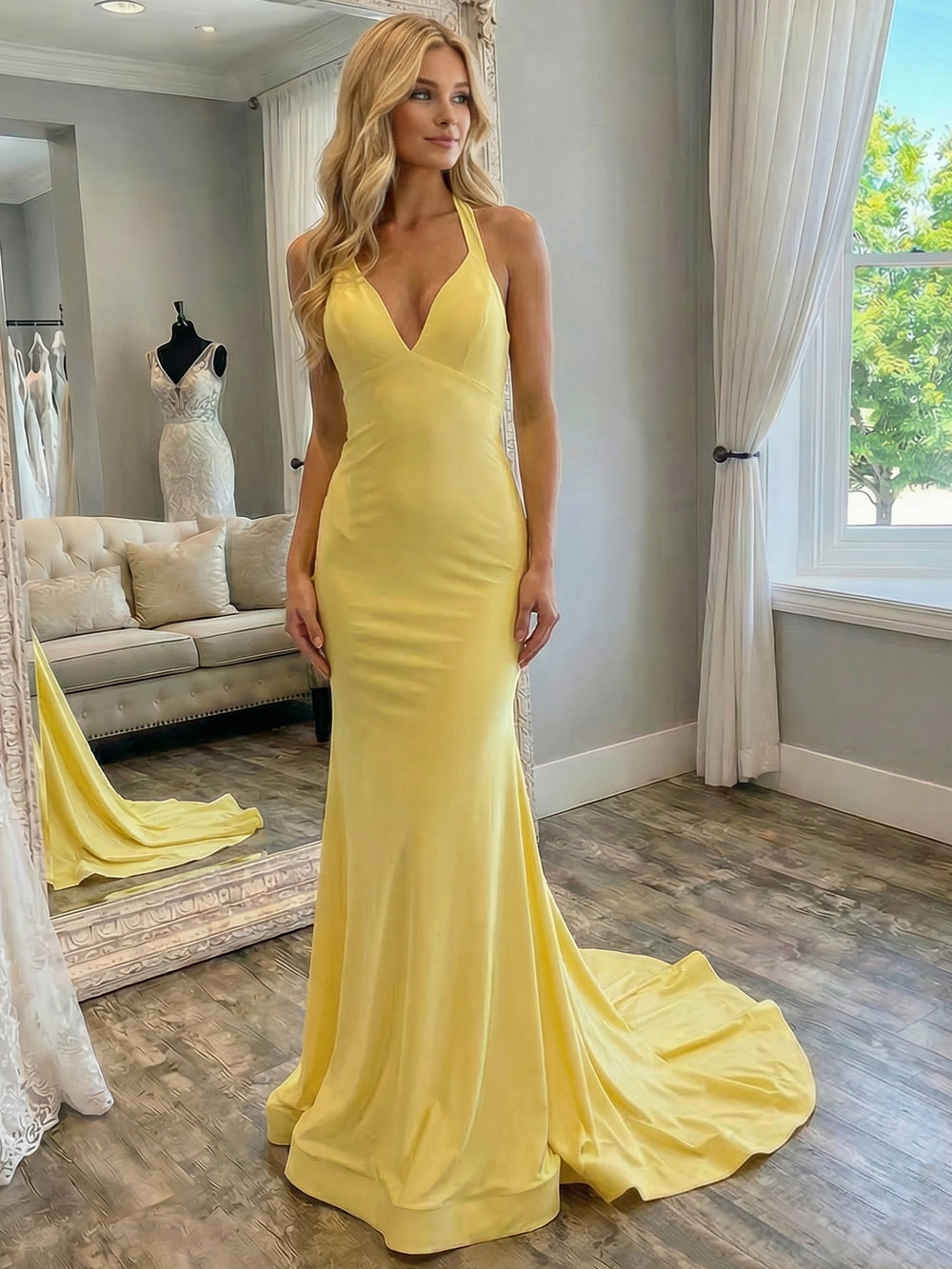 Sheath/Column Yellow Prom Dresses Satin Halter Neck Sleeveless Floor-length With Train Backless Formal Dress