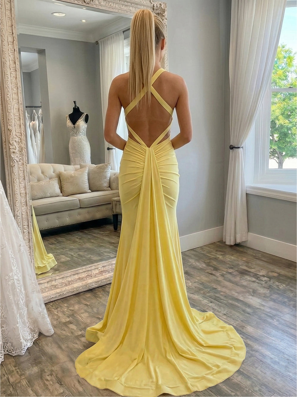 Sheath/Column Yellow Prom Dresses Satin Halter Neck Sleeveless Floor-length With Train Backless Formal Dress