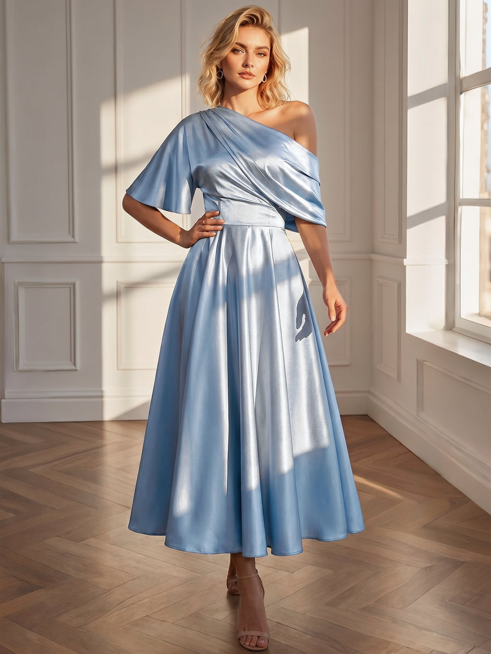 A-Line Cocktail Dress Satin One-Shoulder Tea-Length Dresses With Short flared sleeve on one side