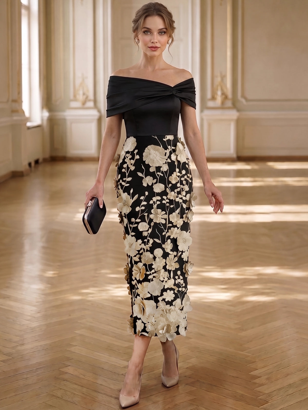 Sheath/Column Cocktail Dresses Appliques Satin Off-The-Shoulder With Bow Detail Short Sleeves Tea-Length Zipper Floral Elegant Formal Dress