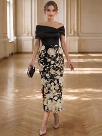 Sheath/Column Cocktail Dresses Appliques Satin Off-The-Shoulder With Bow Detail Short Sleeves Tea-Length Zipper Floral Elegant Formal Dress