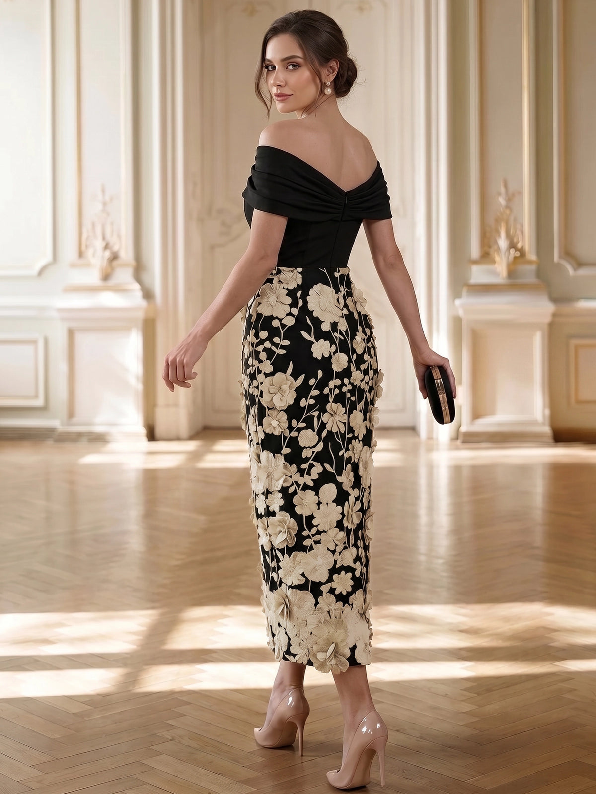 Sheath/Column Cocktail Dresses Appliques Satin Off-The-Shoulder With Bow Detail Short Sleeves Tea-Length Zipper Floral Elegant Formal Dress