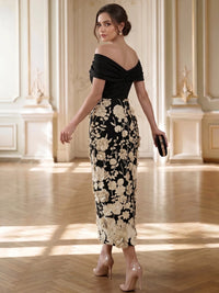 Sheath/Column Cocktail Dresses Appliques Satin Off-The-Shoulder With Bow Detail Short Sleeves Tea-Length Zipper Floral Elegant Formal Dress