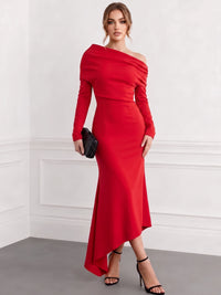 Sheath Cocktail Dress Satin Party Dress Long Sleeves One Shoulder Formal Elegant Dress Asymmetrical Ankle Length Wedding Guest Dress