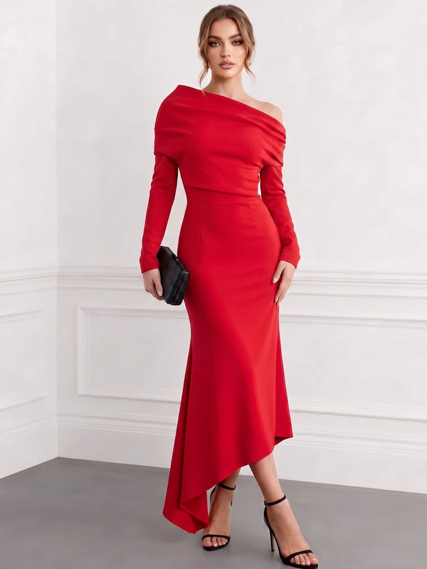 Sheath Cocktail Dress Satin Party Dress Long Sleeves One Shoulder Formal Elegant Dress Asymmetrical Ankle Length Wedding Guest Dress