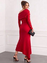 Sheath Cocktail Dress Satin Party Dress Long Sleeves One Shoulder Formal Elegant Dress Asymmetrical Ankle Length Wedding Guest Dress