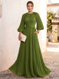 A-Line Formal Dresses Chiffon Boat Neck Long Sleeves Floor-Length Pleated With Pockets Green Wedding Guest Dresses