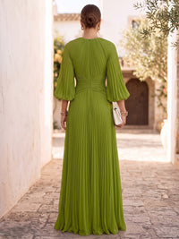 A-Line Formal Dresses Chiffon Boat Neck Long Sleeves Floor-Length Pleated With Pockets Green Wedding Guest Dresses