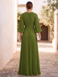 A-Line Formal Dresses Chiffon Boat Neck Long Sleeves Floor-Length Pleated With Pockets Green Wedding Guest Dresses
