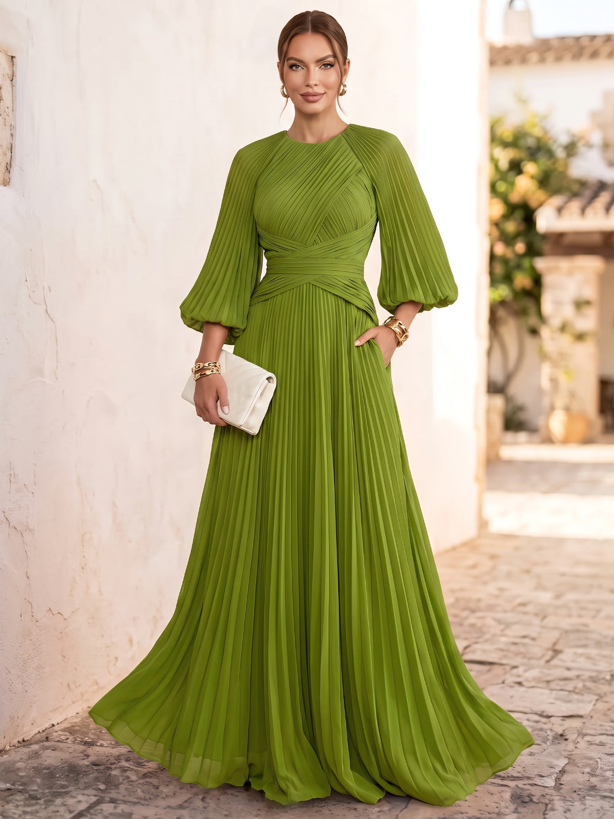 A-Line Formal Dresses Chiffon Boat Neck Long Sleeves Floor-Length Pleated With Pockets Green Wedding Guest Dresses