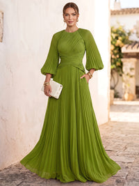 A-Line Formal Dresses Chiffon Boat Neck Long Sleeves Floor-Length Pleated With Pockets Green Wedding Guest Dresses