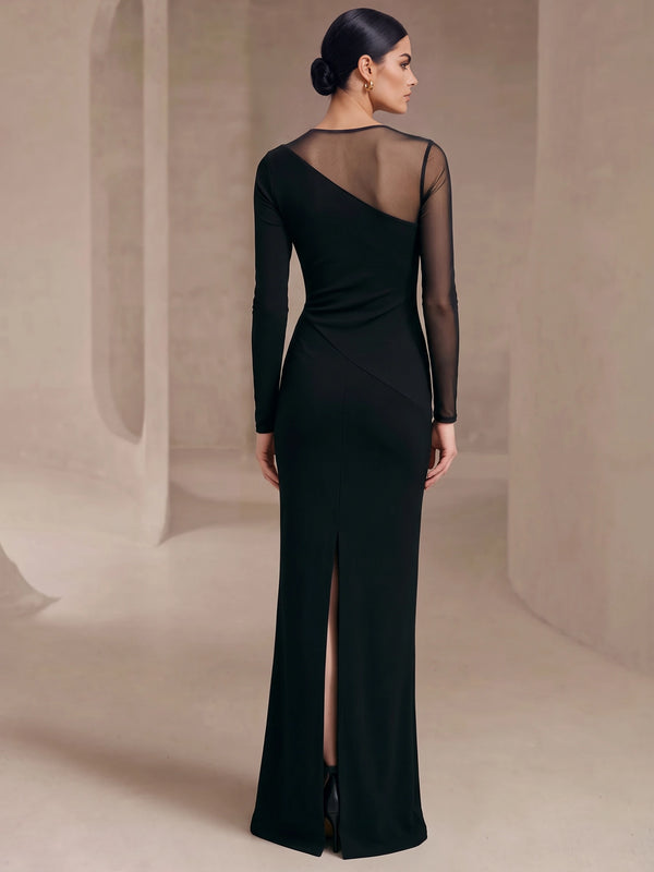 Mermaid Evening Dresses Black Floor-Length Boat Neck Sheer Mesh Long Sleeves Formal Dresses Wedding Guest Dress