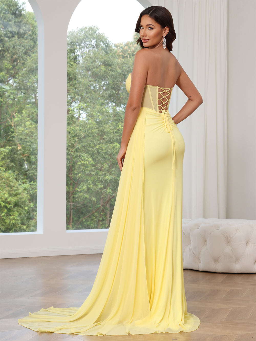 Mermaid / Trumpet Prom Dress Corset Sheer Waist Floor-length Sleeveless With Back Lace Up