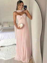 A Line/Princesses Prom Dresses Pleated Chiffon Off Shoulder Floor-Length Formal Dress With Scarf