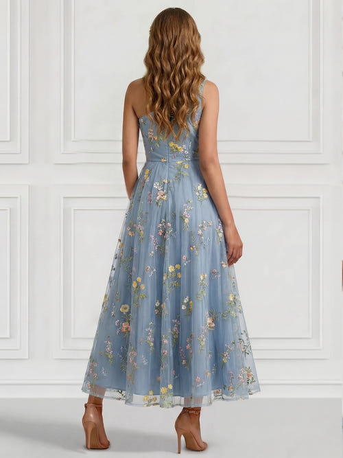 A-Line/Princess  Floral Cocktail Dresses One-Shoulder Sleeveless Tulle Tea Length Dresses