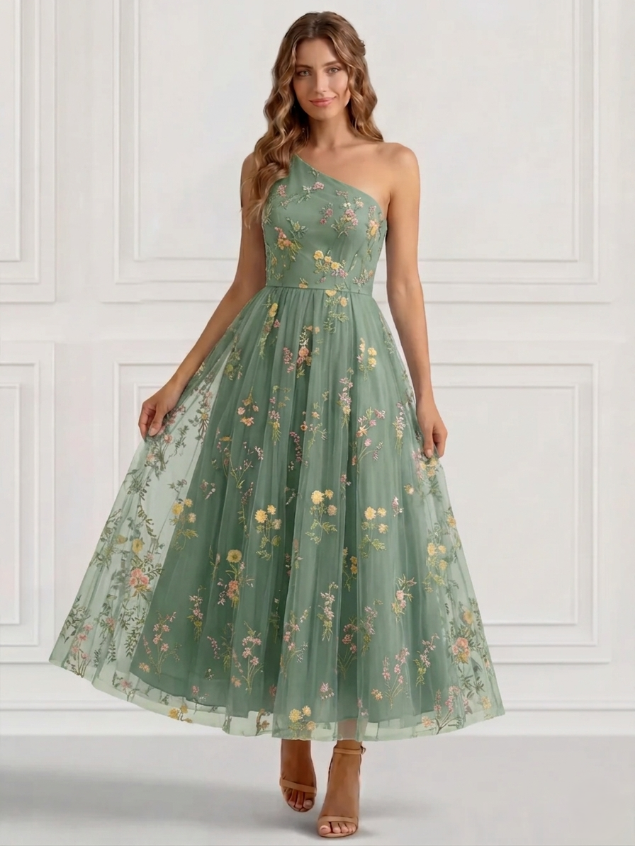 A-Line/Princess  Floral Cocktail Dresses One-Shoulder Sleeveless Tulle Tea Length Dresses