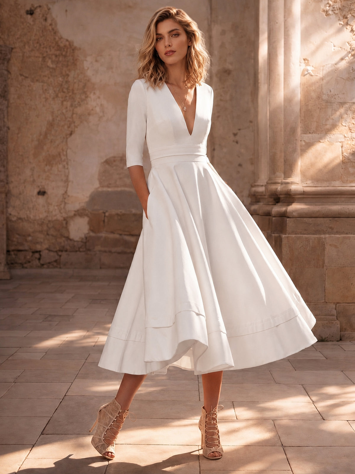 Nafori White A-Line Cocktail Dress Dresses Tea Length Elegant Three-quarter Sleeve V-Neck Wedding Party Wear Satin with Pocket 2026