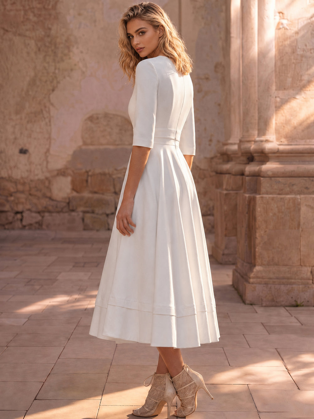 A-Line Cocktail Dress Dresses Tea Length Elegant Three-quarter Sleeve V-Neck Wedding Party Wear Satin with Pocket
