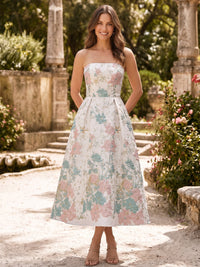 A-Line/Princess Cocktail Dress Printed Satin Tea-Length Sleeveless Strapless Zipper Elegant Floral Dresses