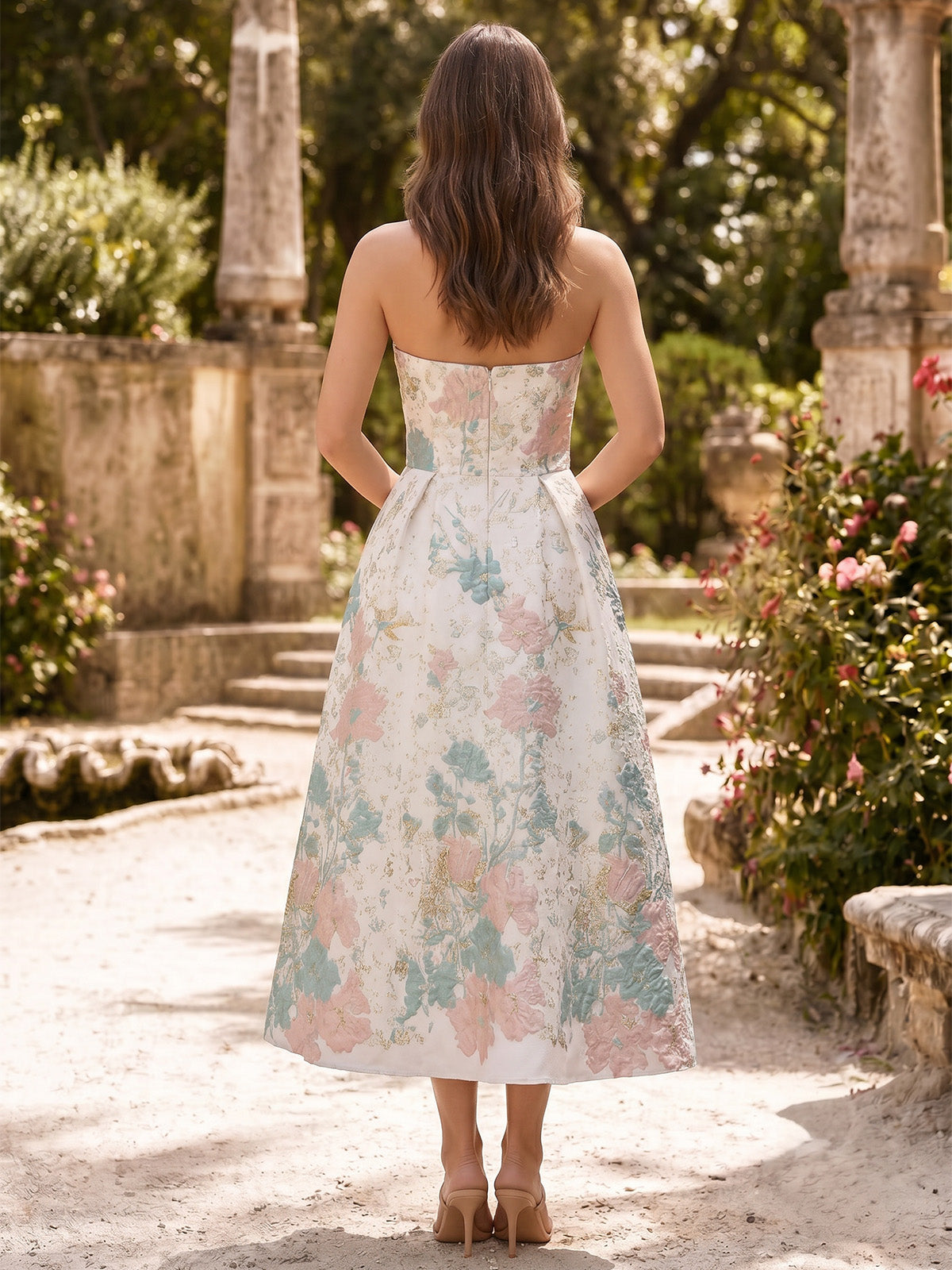 A-Line/Princess Cocktail Dress Printed Satin Tea-Length Sleeveless Strapless Zipper Elegant Floral Dresses
