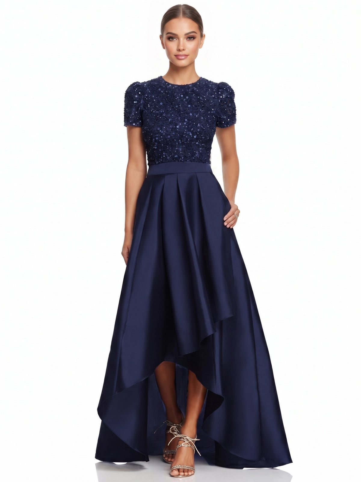 Sequin A-Line Evening Gown Elegant Formal Dress Wedding Guest Floor High Low Length Short Sleeves Beaded Sequin Dress