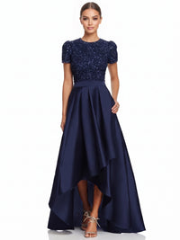 Sequin A-Line Evening Gown Elegant Formal Dress Wedding Guest Floor High Low Length Short Sleeves Beaded Sequin Dress