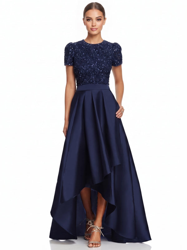 Sequin A-Line Evening Gown Elegant Formal Dress Wedding Guest Floor High Low Length Short Sleeves Beaded Sequin Dress