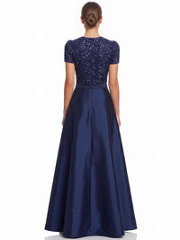 Sequin A-Line Evening Gown Elegant Formal Dress Wedding Guest Floor High Low Length Short Sleeves Beaded Sequin Dress