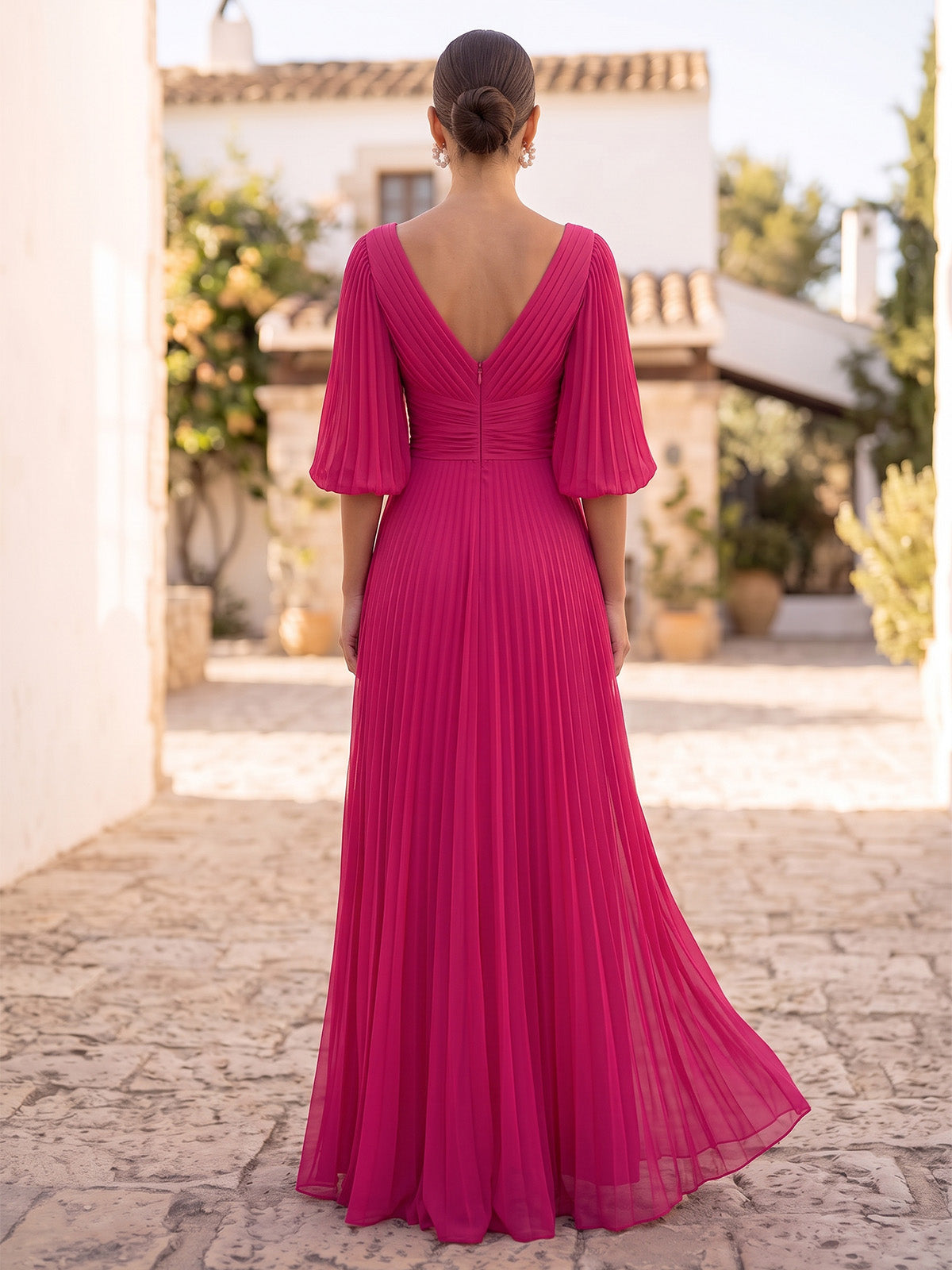 A-Line Formal Dresses Chiffon V-Neck 1/2 Sleeves Floor-Length Pleated Wedding Guest Dresses