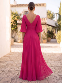 A-Line Formal Dresses Chiffon V-Neck 1/2 Sleeves Floor-Length Pleated Wedding Guest Dresses