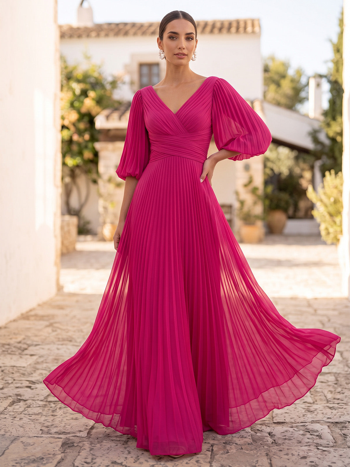 A-Line Formal Dresses Chiffon V-Neck 1/2 Sleeves Floor-Length Pleated Wedding Guest Dresses