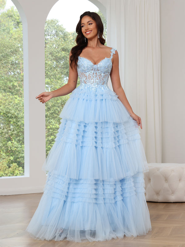 A-Line/Princess Tulle Prom Dress Sleeveless Layered Formal Gowns Long Dresses With Split Side&Appliques