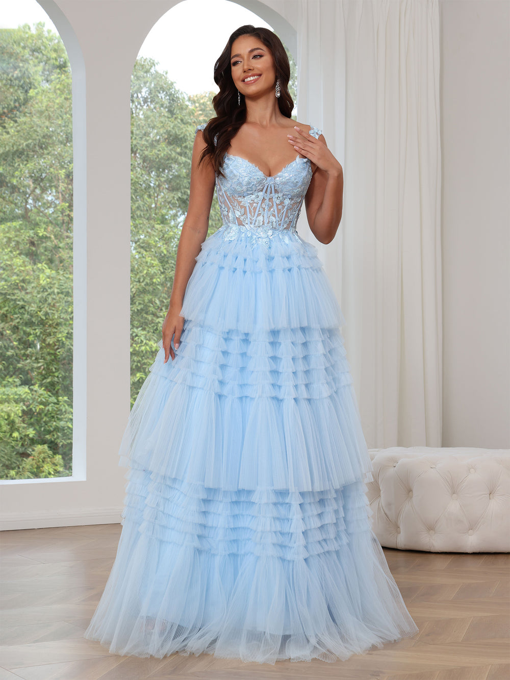 A-Line/Princess Tulle Prom Dress Sleeveless Layered Formal Gowns Long Dresses With Split Side&Appliques