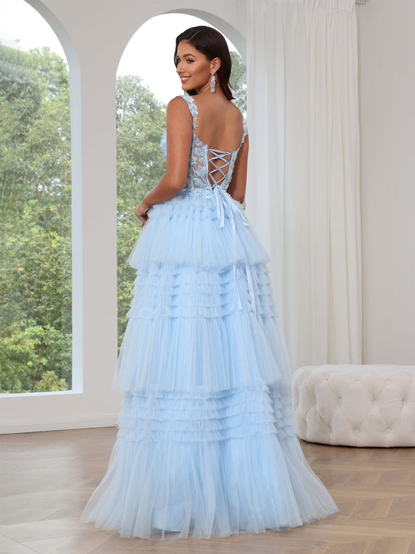 A-Line/Princess Tulle Prom Dress Sleeveless Layered Formal Gowns Long Dresses With Split Side&Appliques