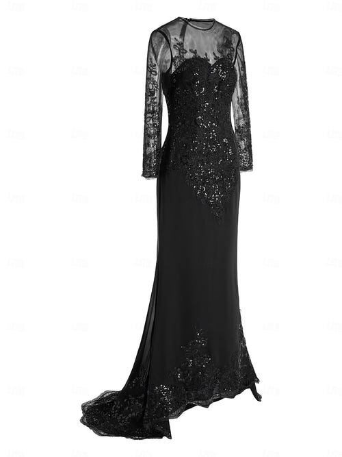Trumpet/Mermaid Elegant Mother Of The Bride Dresses Scoop Long Sleeves Floor-Length Black Formal Dresses With Appliques&Sequins
