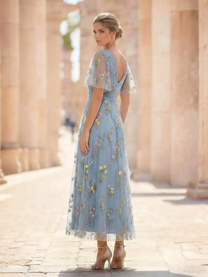 Nafori Sage A-Line/Princess Floral Cocktail Dresses Short Sleeves V Neck Tea Length Dresses 2026