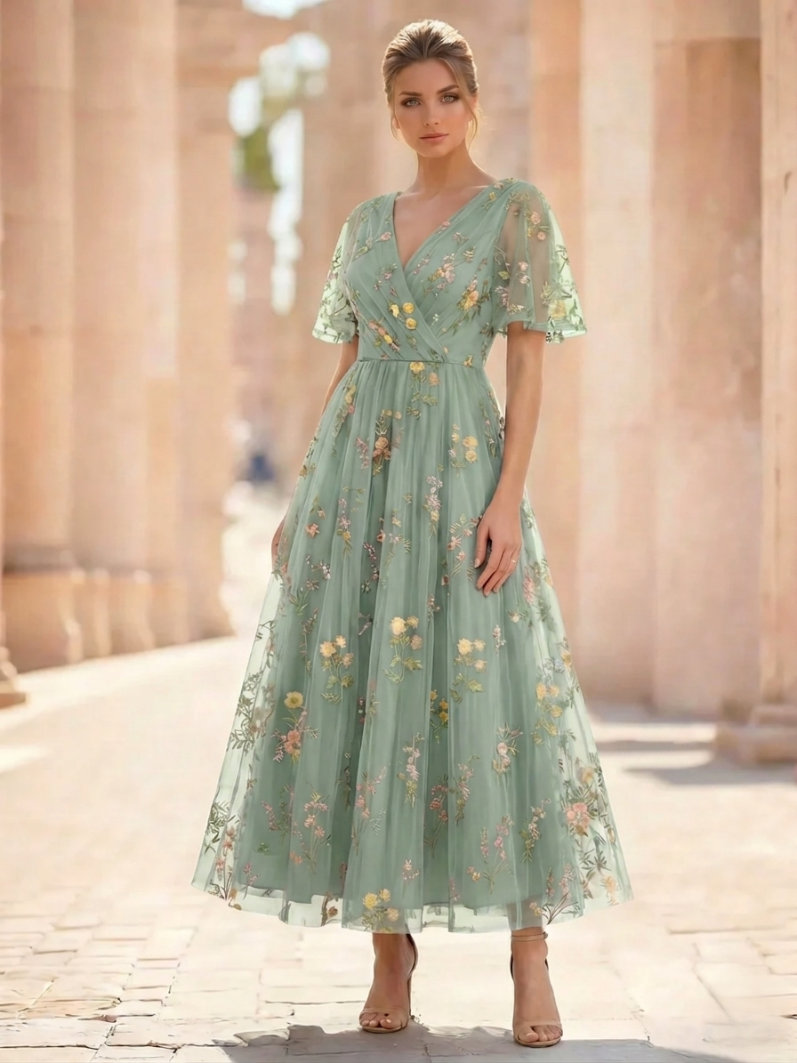 Nafori Ivory A-Line/Princess Floral Cocktail Dresses Short Sleeves V Neck Tea Length Dresses 2026
