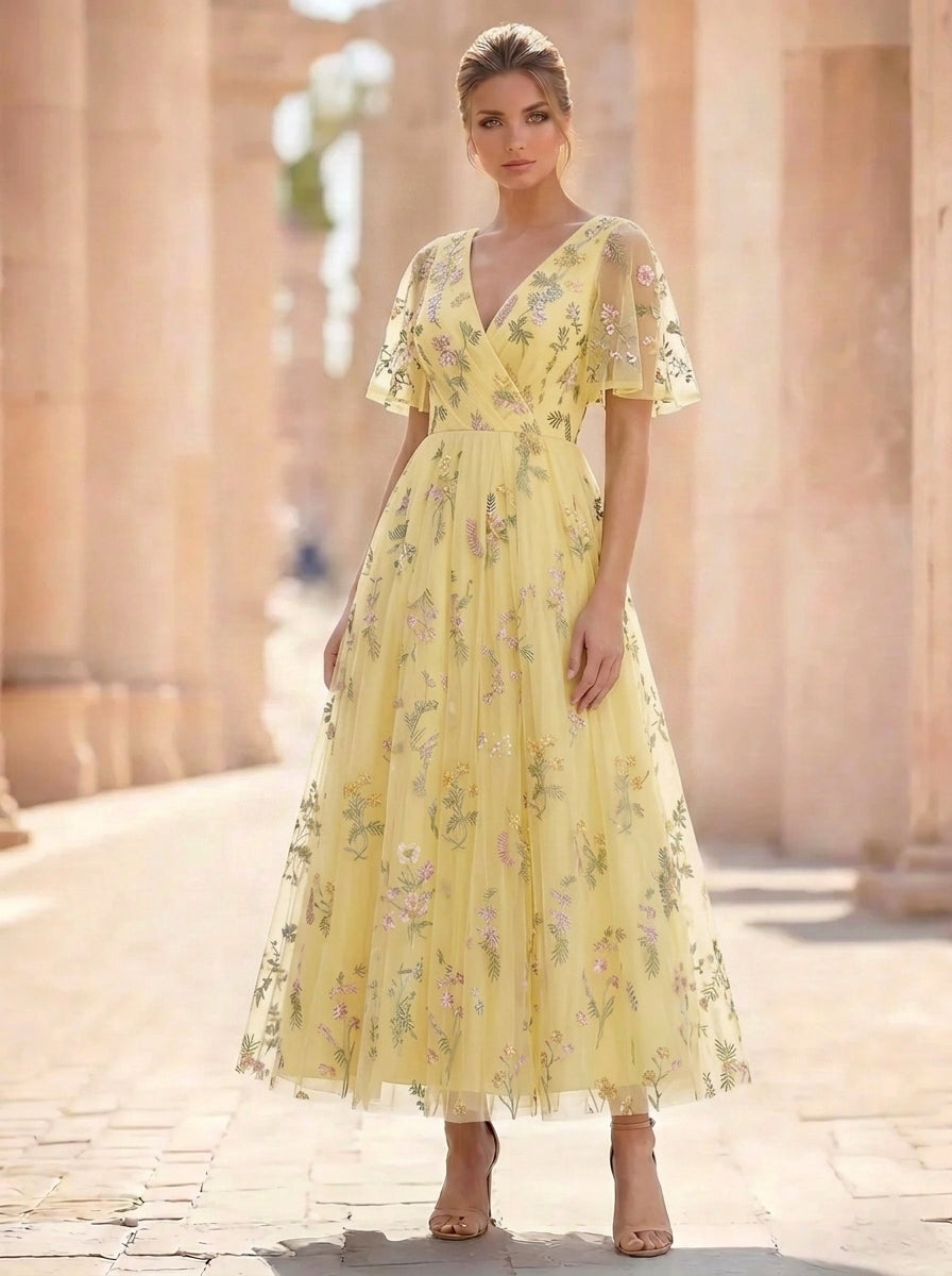Nafori Ivory A-Line/Princess Floral Cocktail Dresses Short Sleeves V Neck Tea Length Dresses 2026
