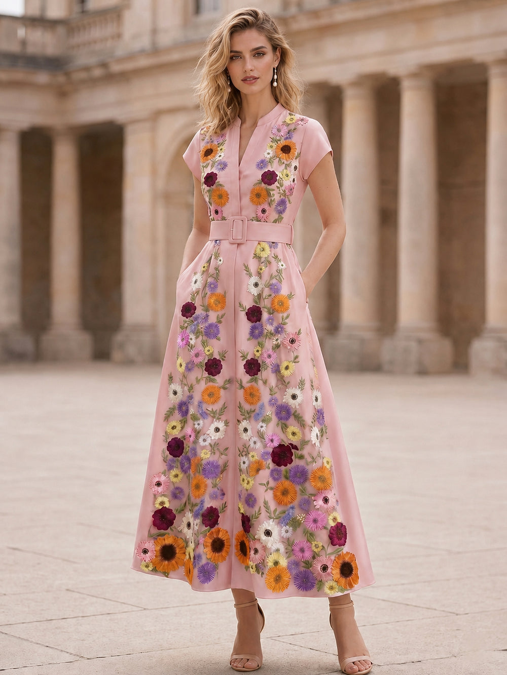 A-Line/Princess High Neck Short Sleeves Tea-Length Mother of the Bride Dresses with Belt and 3D Floral Embroidery