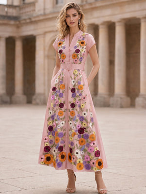 A-Line/Princess High Neck Short Sleeves Tea-Length Mother of the Bride Dresses with Belt and 3D Floral Embroidery