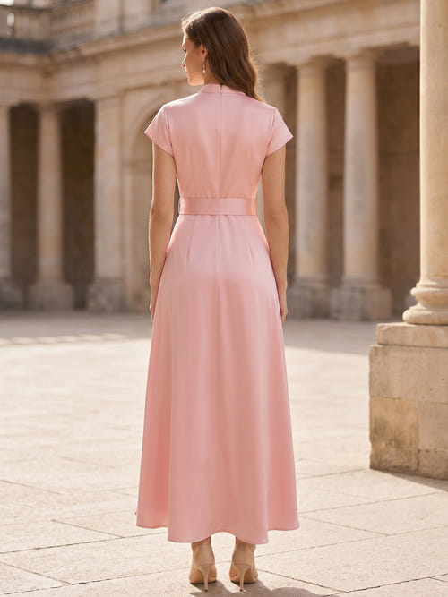 A-Line/Princess High Neck Short Sleeves Tea-Length Mother of the Bride Dresses with Belt and 3D Floral Embroidery