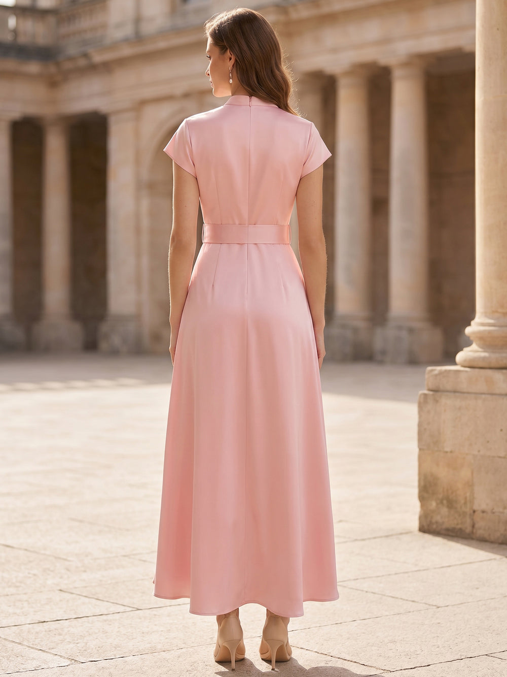 A-Line/Princess High Neck Short Sleeves Tea-Length Mother of the Bride Dresses with Belt and 3D Floral Embroidery